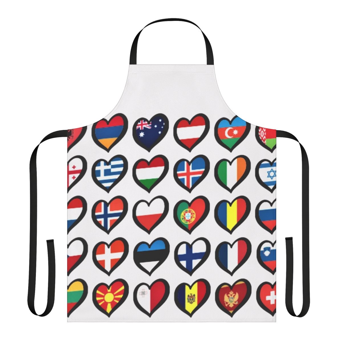 Colorful apron with Eurovision Song Contest inspired design featuring hearts and logos