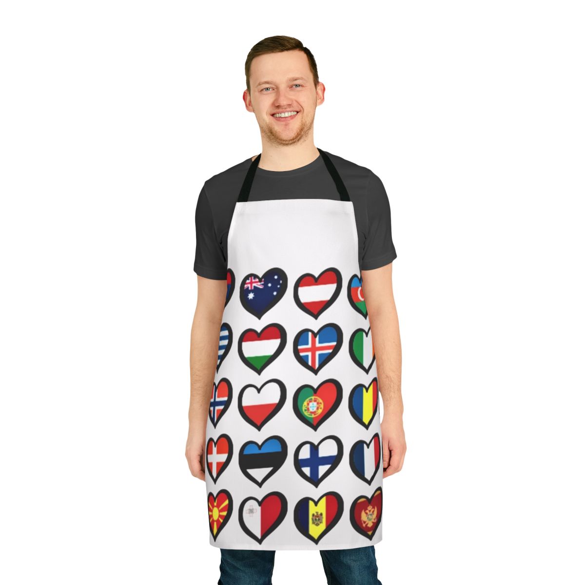 Colorful apron with Eurovision Song Contest inspired design featuring hearts and logos