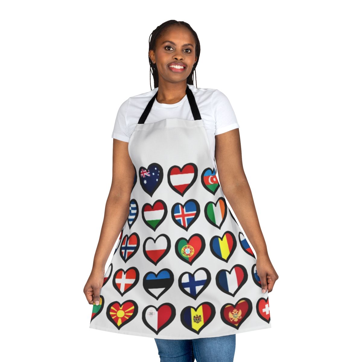 Colorful apron with Eurovision Song Contest inspired design featuring hearts and logos
