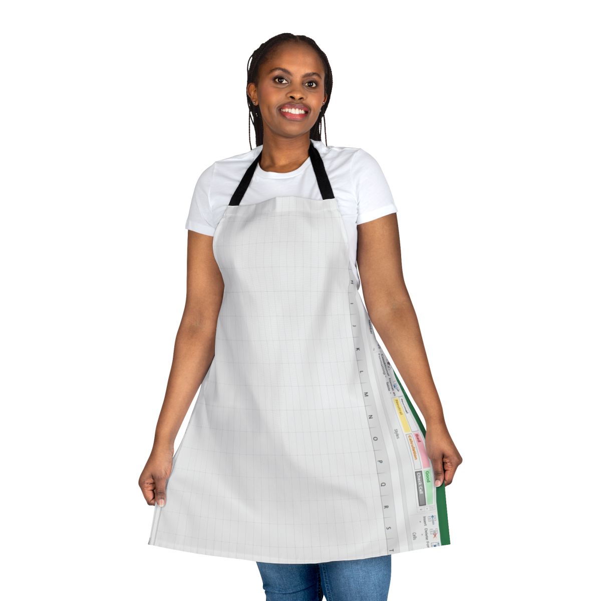 A green apron with an Excel spreadsheet design, perfect for nerdy office or kitchen attire.