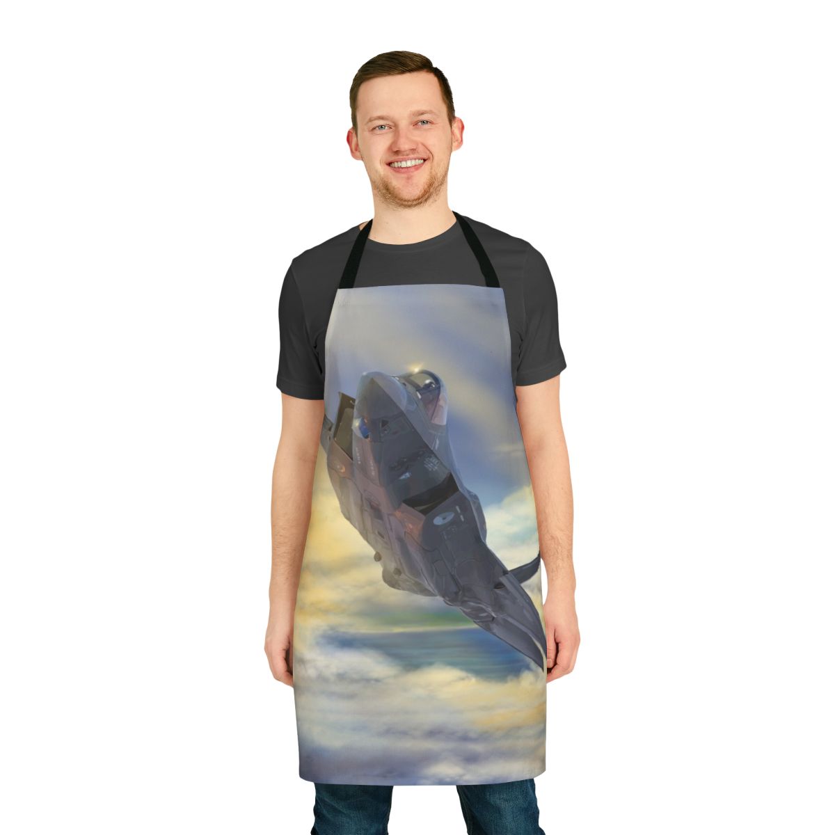 F-35 inspired apron with aircraft and fighter jet graphics