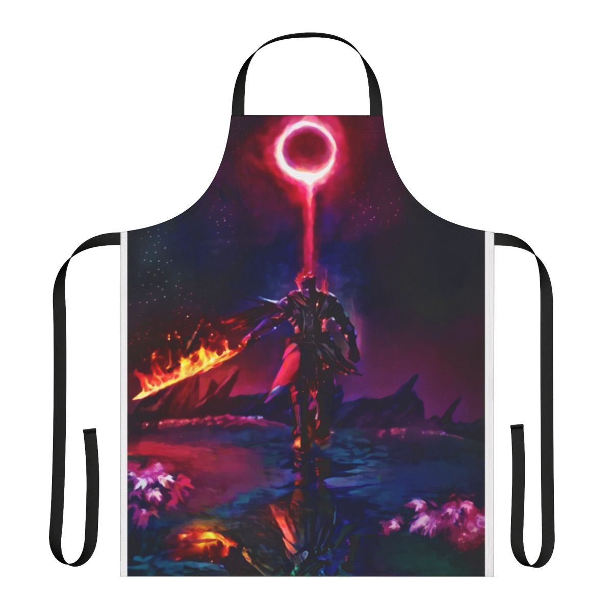 A stylish fantasy-themed apron featuring bold colors and dark imagery for passionate gamers.