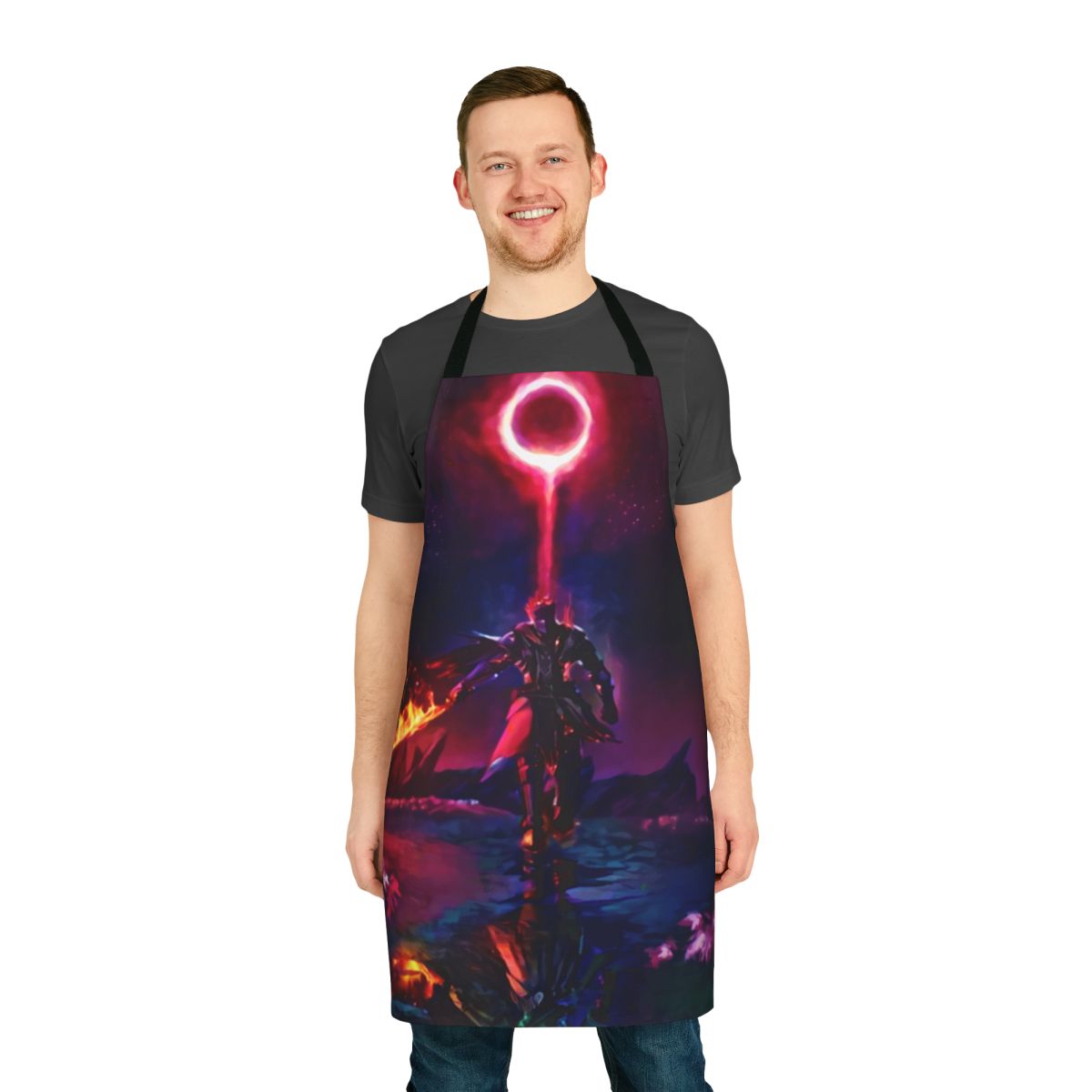 A stylish fantasy-themed apron featuring bold colors and dark imagery for passionate gamers.