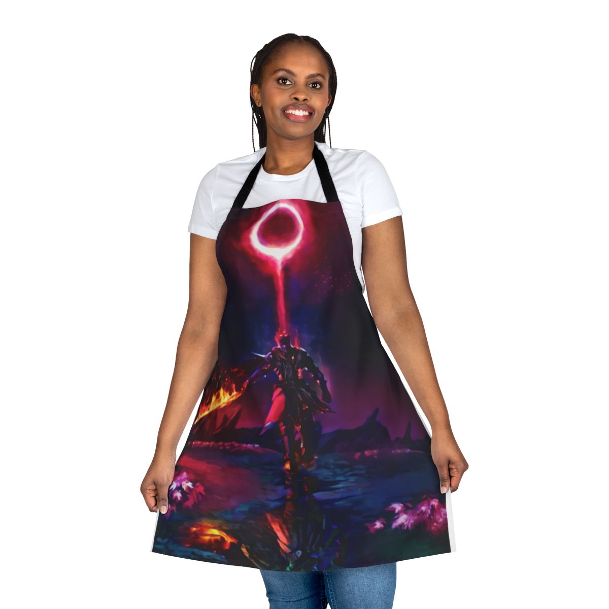 A stylish fantasy-themed apron featuring bold colors and dark imagery for passionate gamers.
