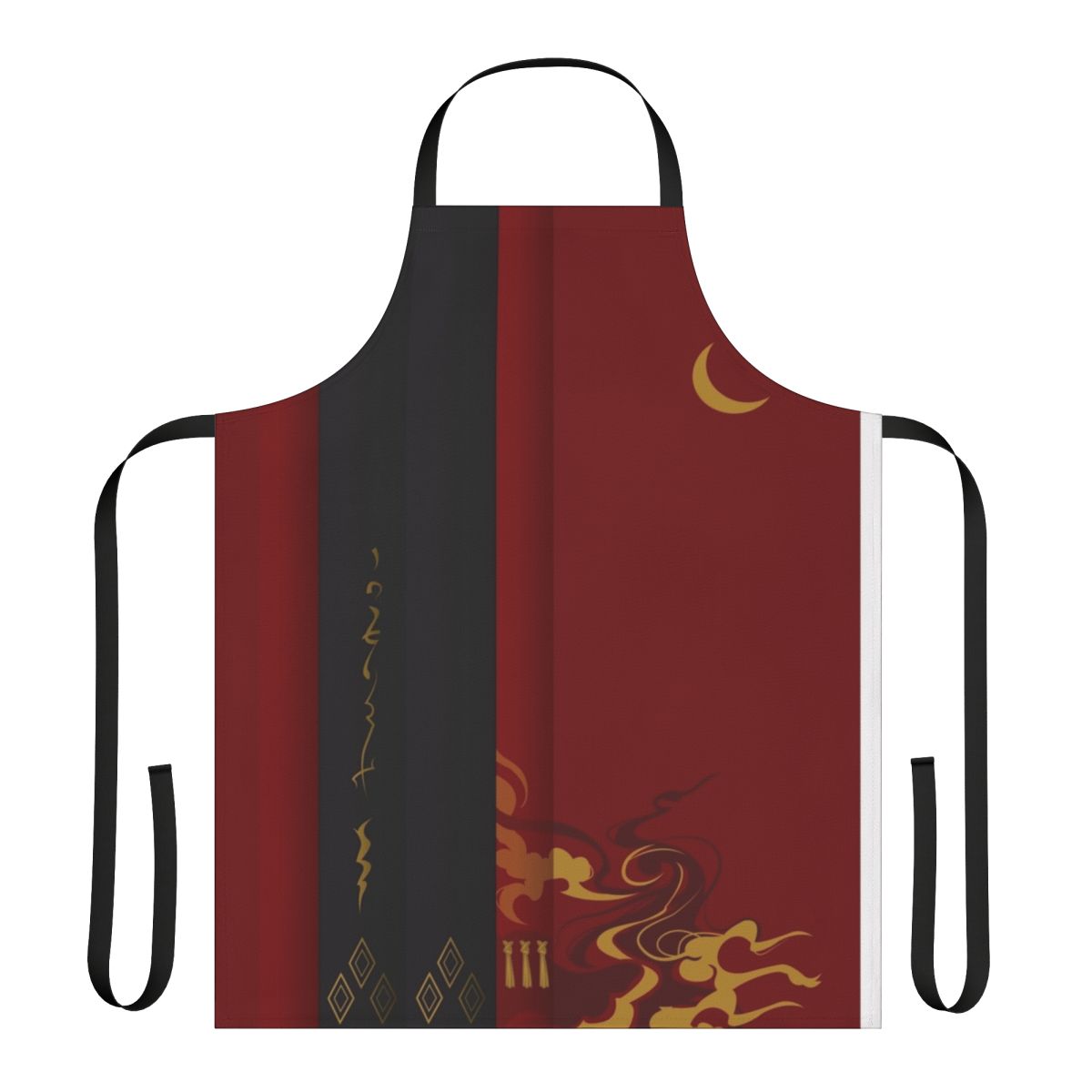 A Japanese-inspired apron with a samurai design, perfect for fans of fantasy video games and anime.