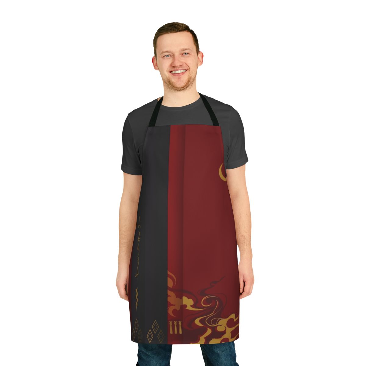 A Japanese-inspired apron with a samurai design, perfect for fans of fantasy video games and anime.