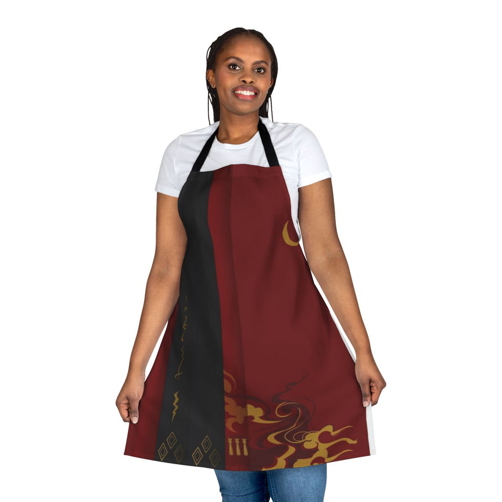 A Japanese-inspired apron with a samurai design, perfect for fans of fantasy video games and anime.