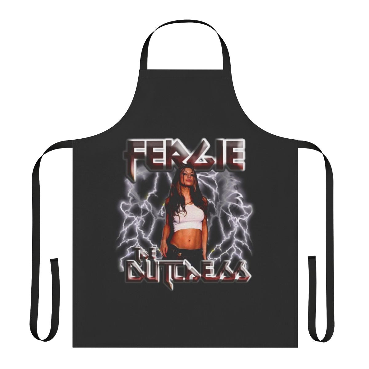 Fergie-inspired rock band style apron with lightning bolt and music-themed graphics