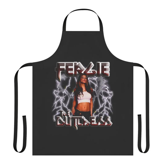 Fergie-inspired rock band style apron with lightning bolt and music-themed graphics