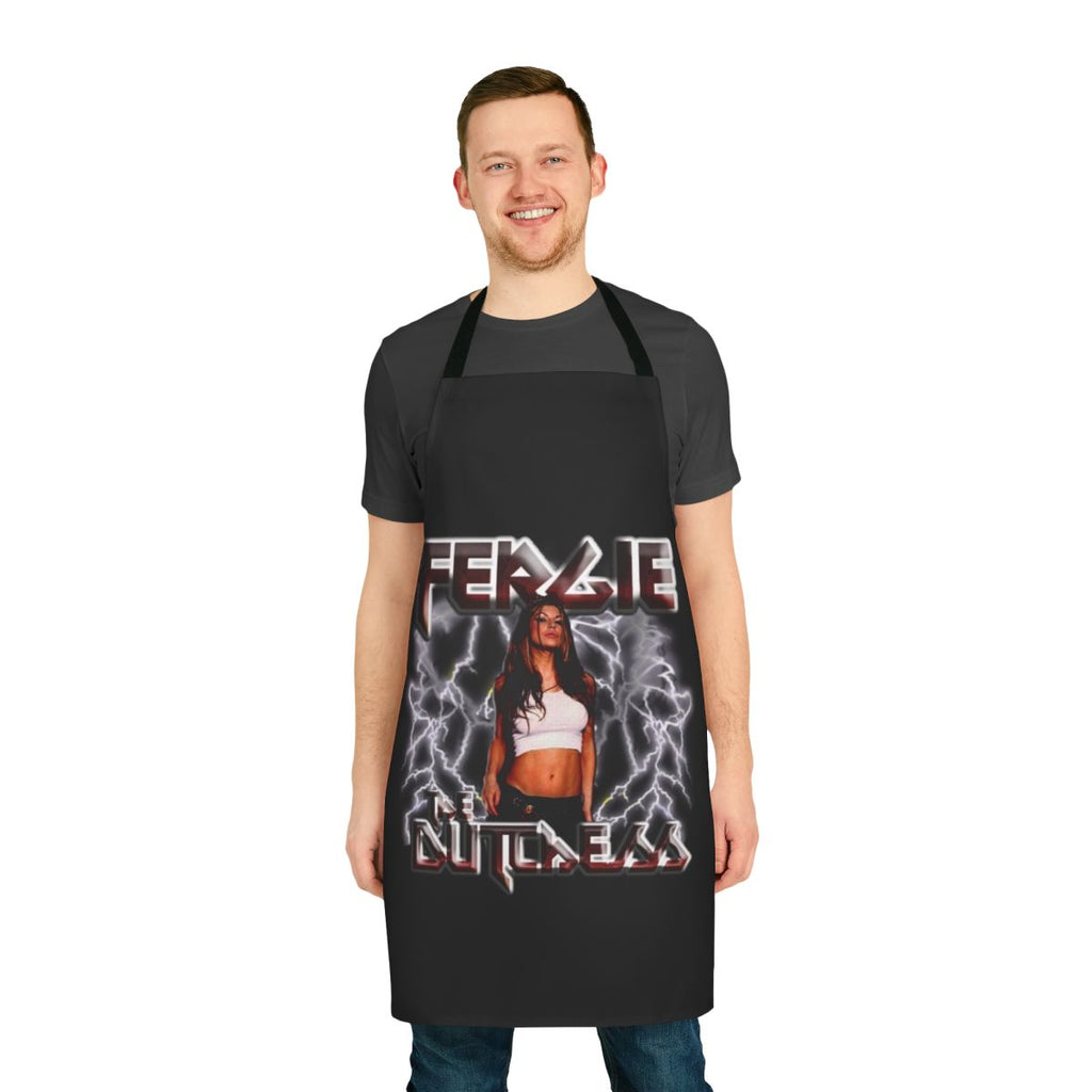 Fergie-inspired rock band style apron with lightning bolt and music-themed graphics