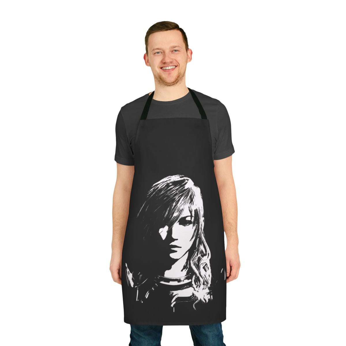 Black and white apron with Final Fantasy character design