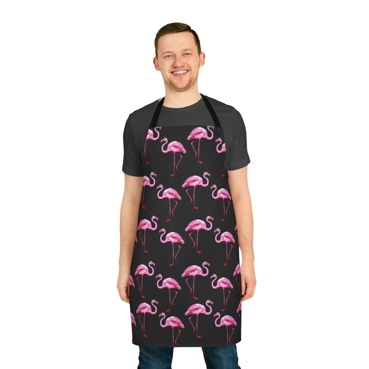 Beautifully designed flamingo pattern apron, perfect for cooking, baking, or serving in a tropical or summer-themed setting.