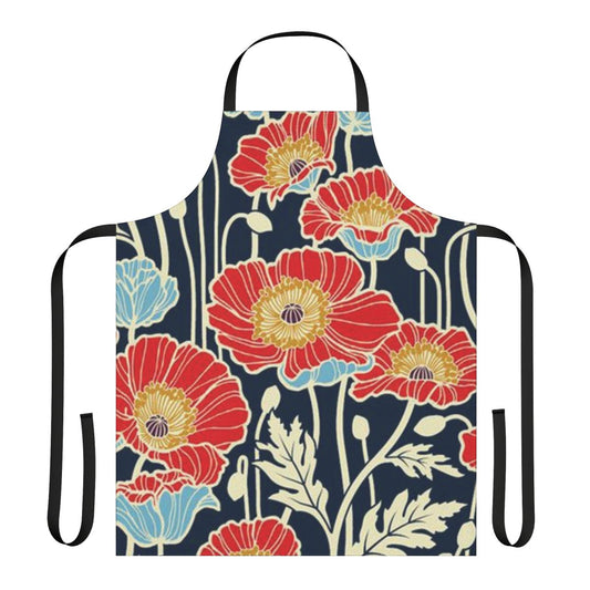 Vibrant floral apron with a botanical pattern in red, orange, and navy colors.