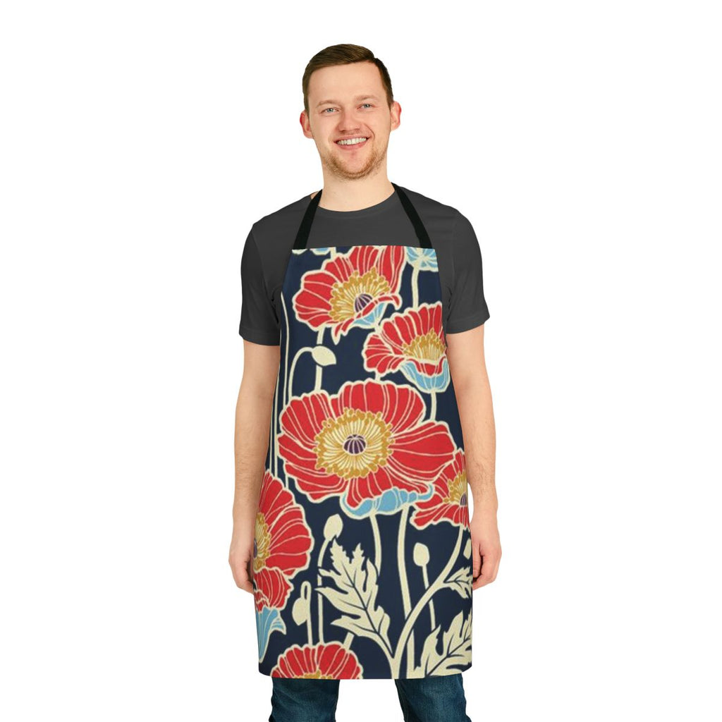 Vibrant floral apron with a botanical pattern in red, orange, and navy colors.