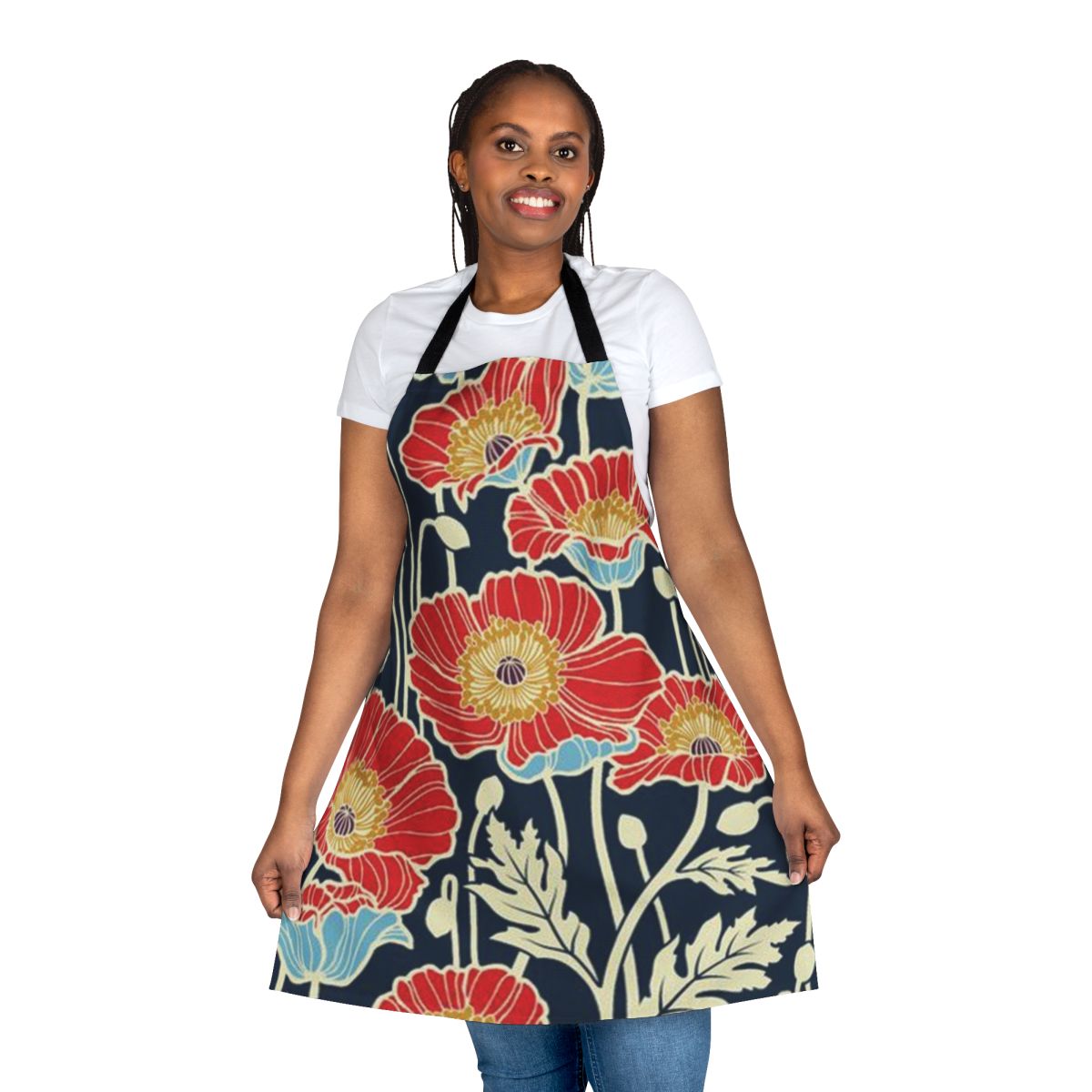 Vibrant floral apron with a botanical pattern in red, orange, and navy colors.
