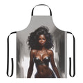 A beautiful woman wearing a stylish floral apron while cooking or baking in the kitchen.