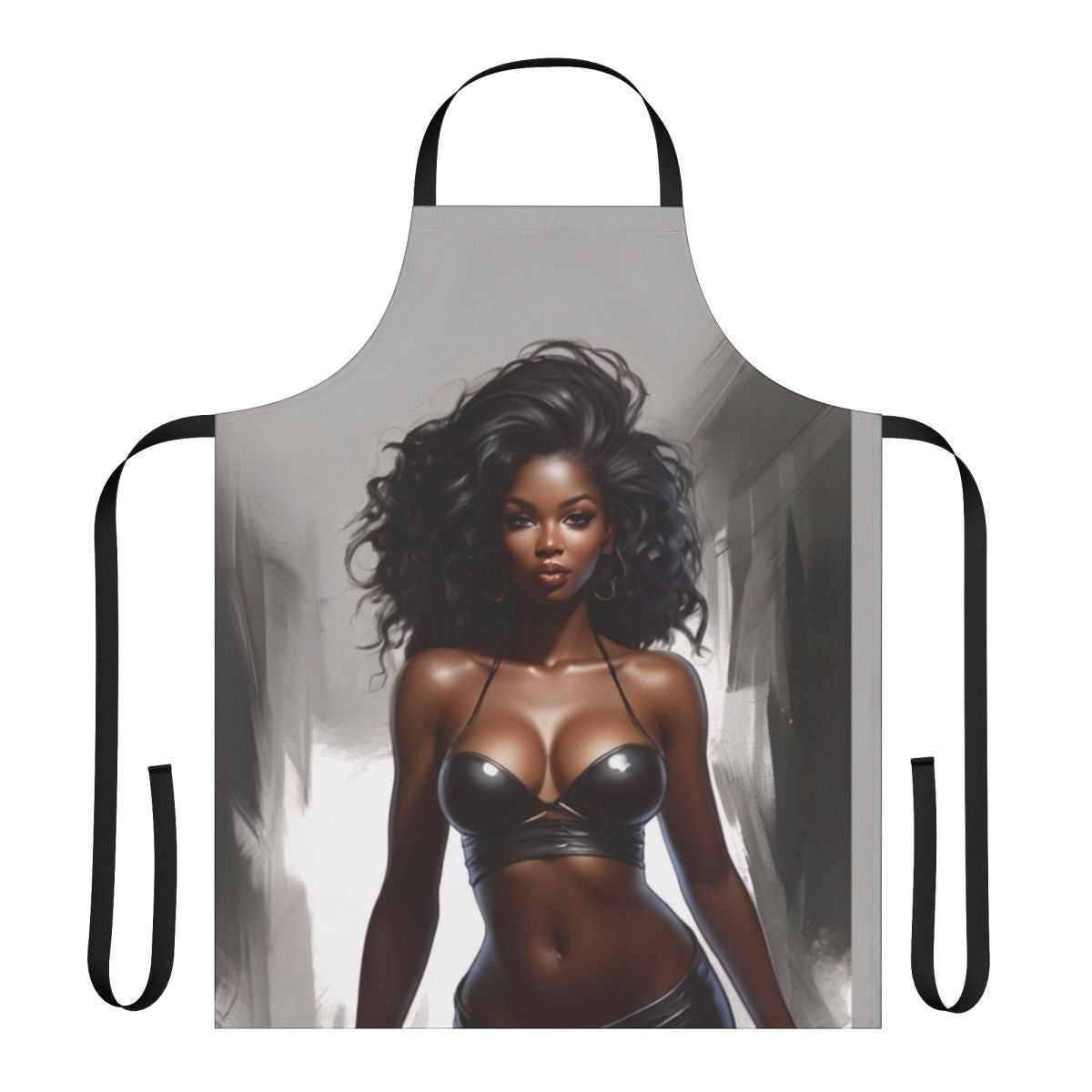 A beautiful woman wearing a stylish floral apron while cooking or baking in the kitchen.