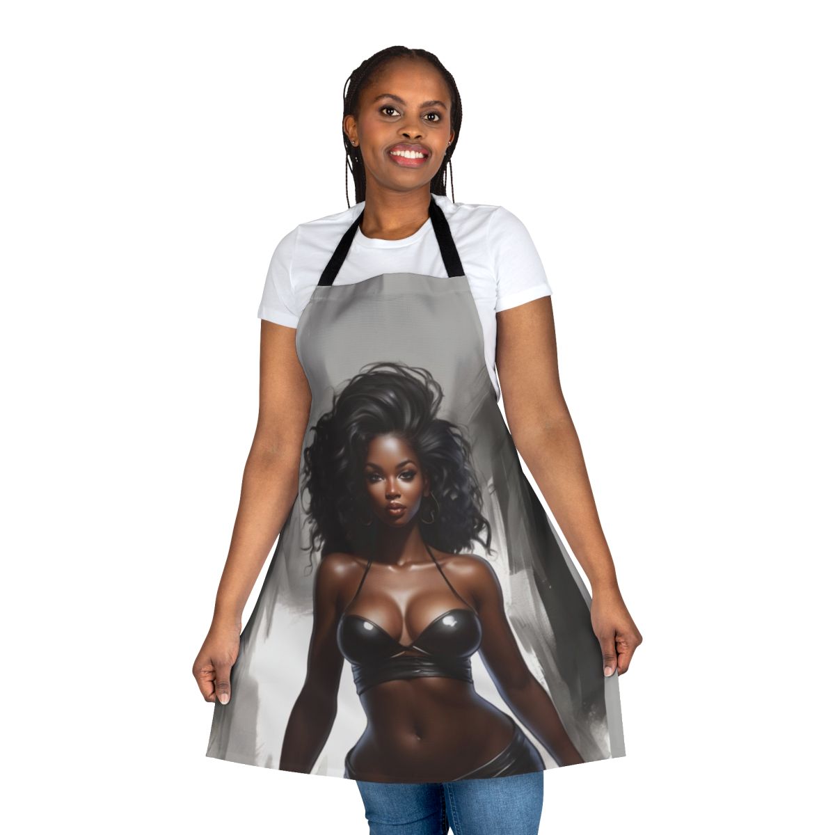 A beautiful woman wearing a stylish floral apron while cooking or baking in the kitchen.