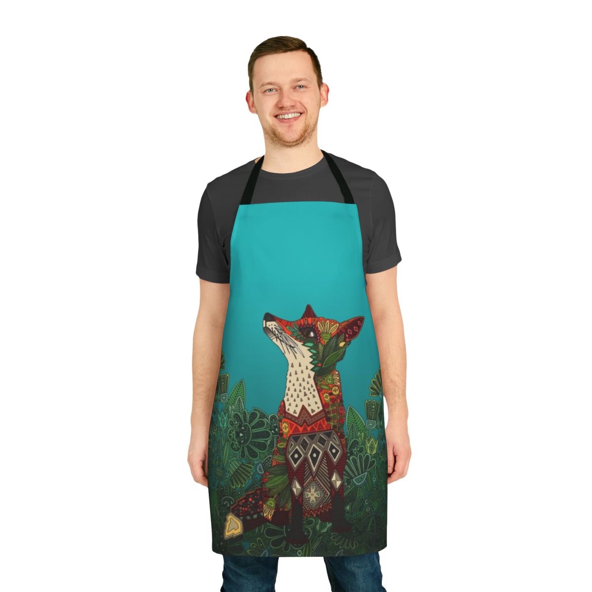 Floral Fox Apron with Botanical, Tribal, and Geometric Patterns