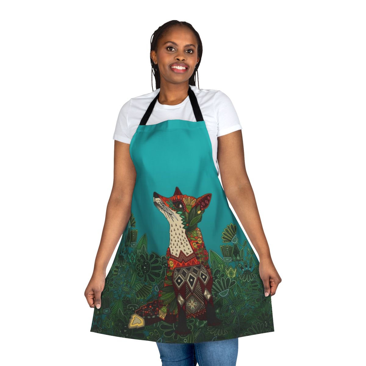 Floral Fox Apron with Botanical, Tribal, and Geometric Patterns