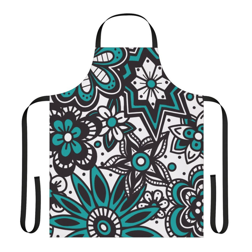 Teal and white floral doodle print on a high-quality apron