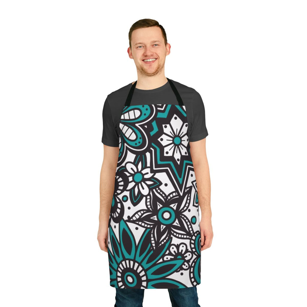 Teal and white floral doodle print on a high-quality apron