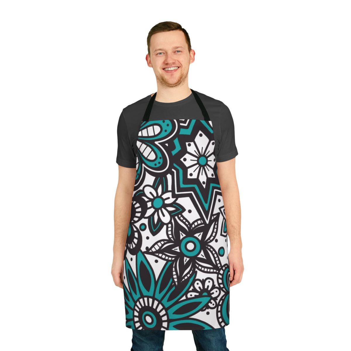 Teal and white floral doodle print on a high-quality apron