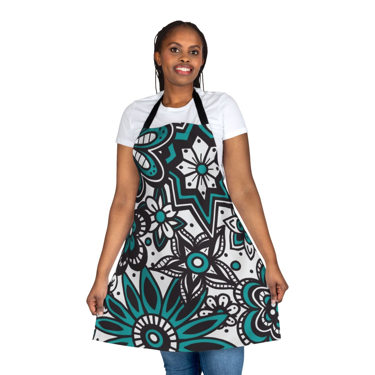 Teal and white floral doodle print on a high-quality apron