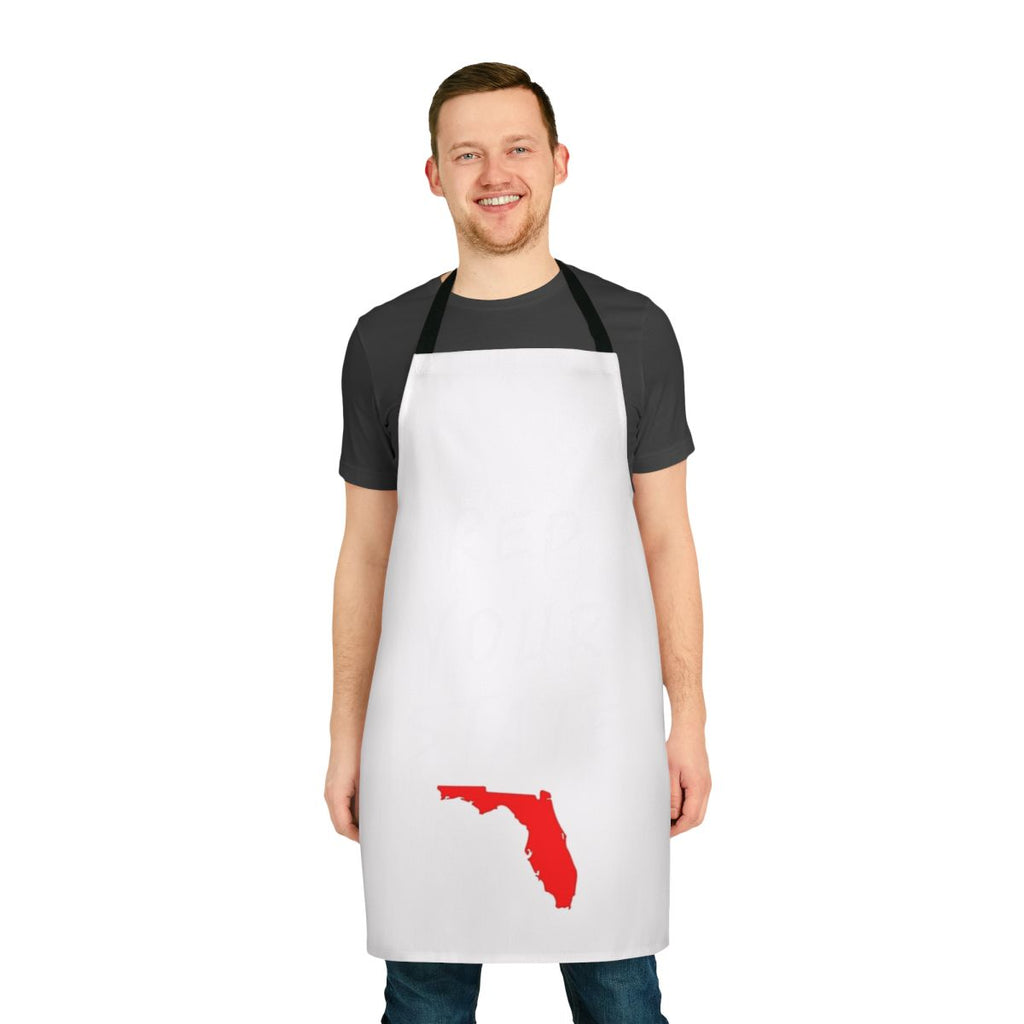 A red and white apron with the state of Florida and "Rep Your State" printed on it.