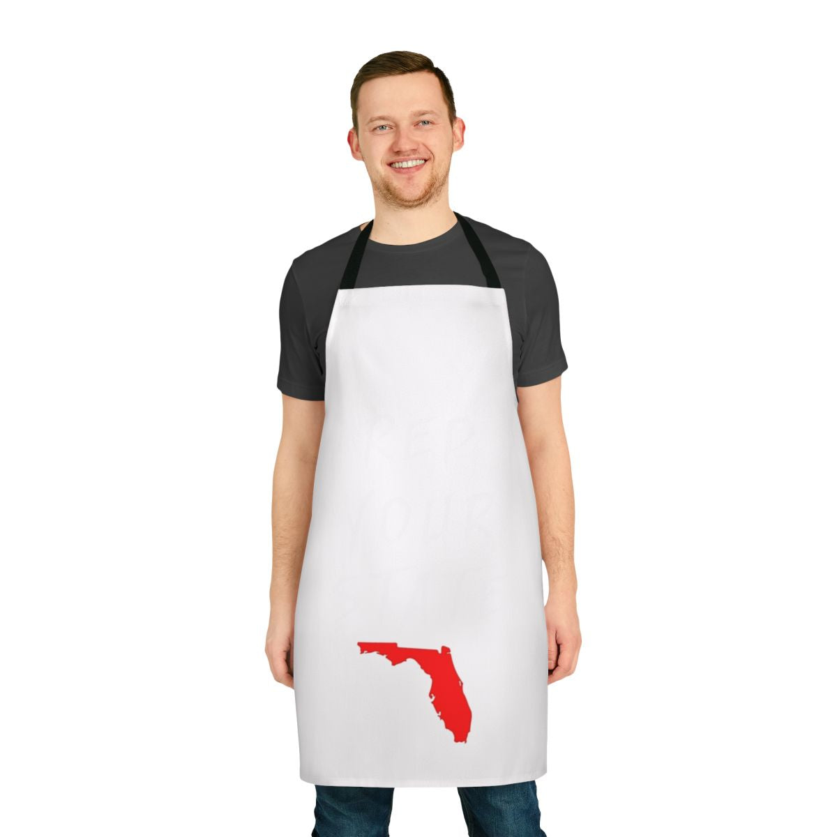 A red and white apron with the state of Florida and "Rep Your State" printed on it.