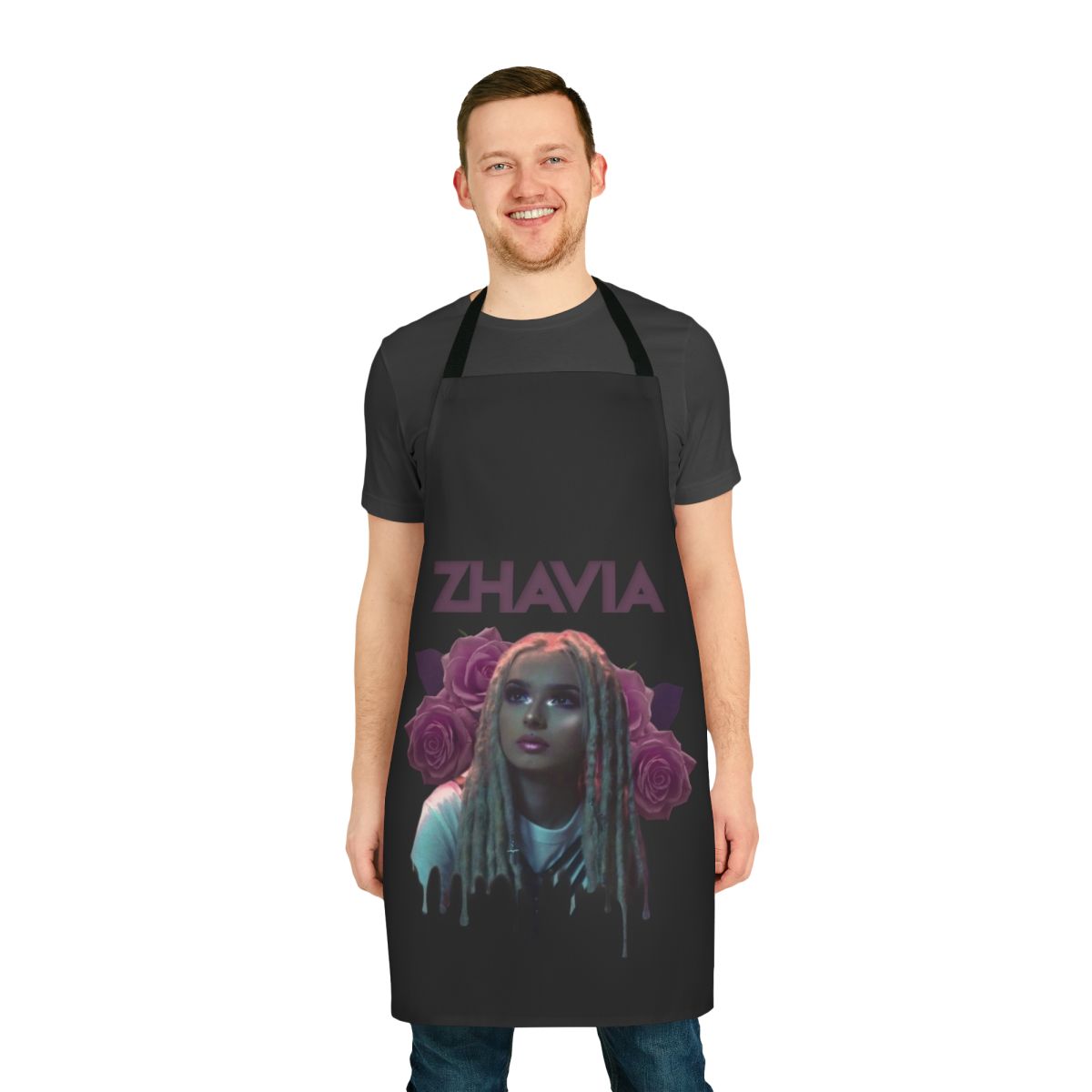 Vibrant floral apron featuring Zhavia's signature style