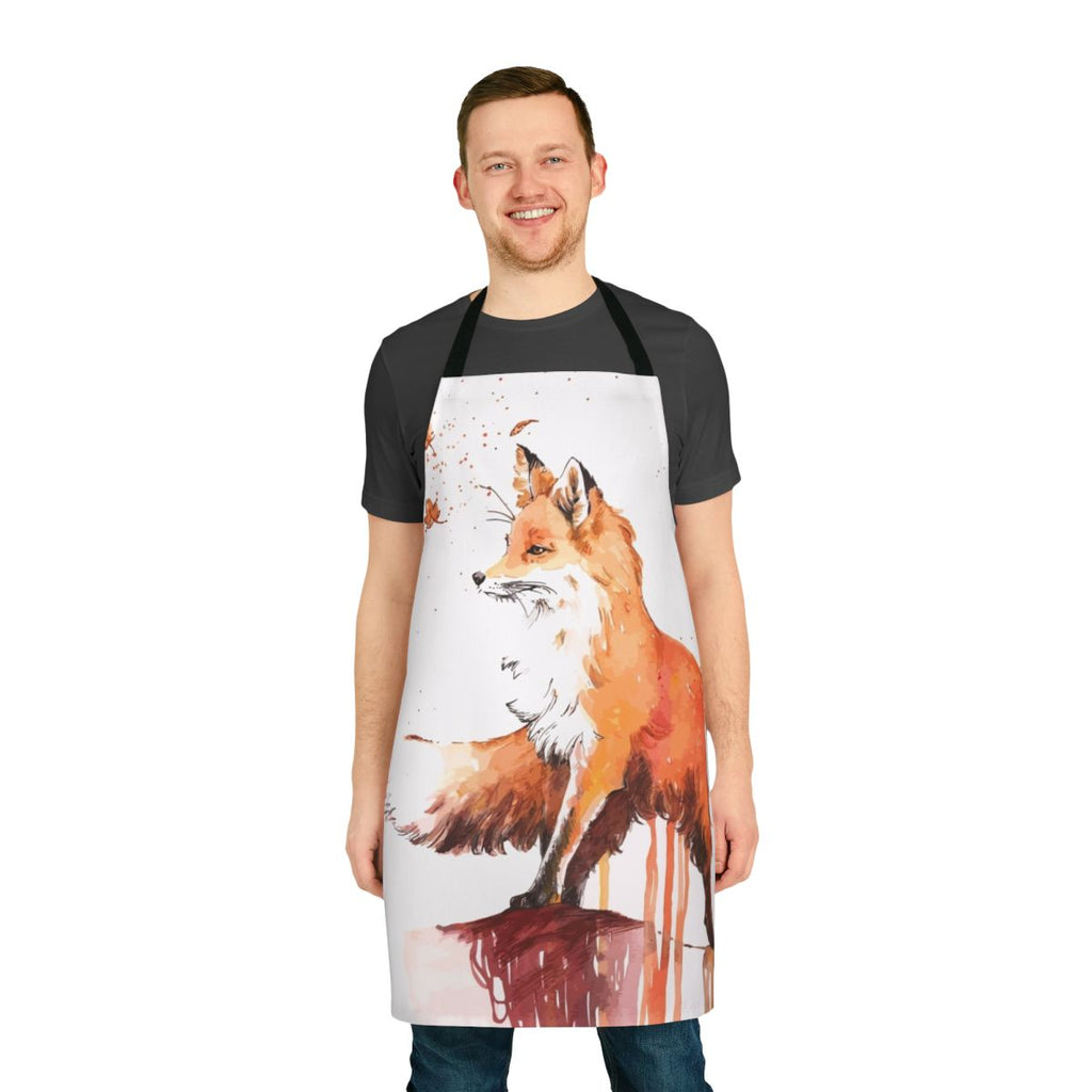 Closeup of a stylish apron featuring a vibrant fox design, perfect for cooking, baking, or gardening.