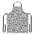 A white apron with a black hand-drawn design featuring the French phrase "I love you" and other French words and phrases.