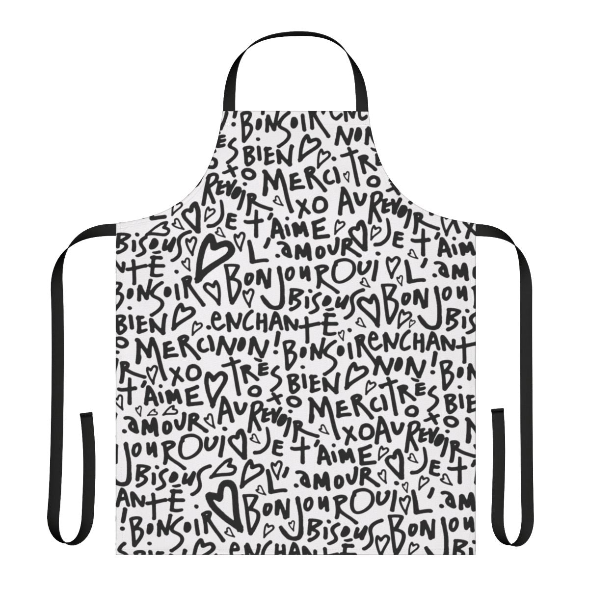 A white apron with a black hand-drawn design featuring the French phrase "I love you" and other French words and phrases.
