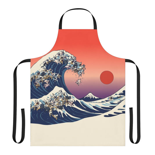 A kitchen apron featuring a French Bulldog in the iconic "Great Wave off Kanagawa" design.