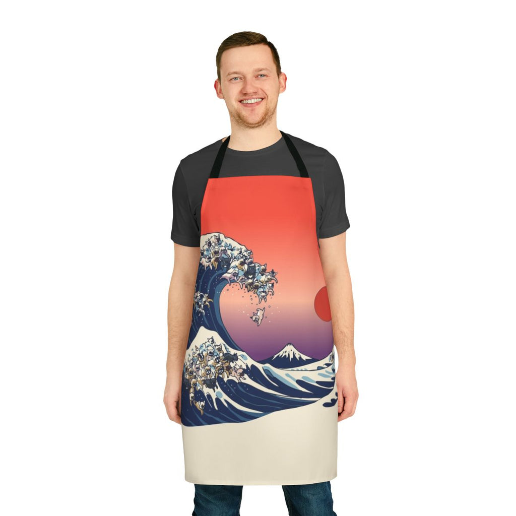 A kitchen apron featuring a French Bulldog in the iconic "Great Wave off Kanagawa" design.