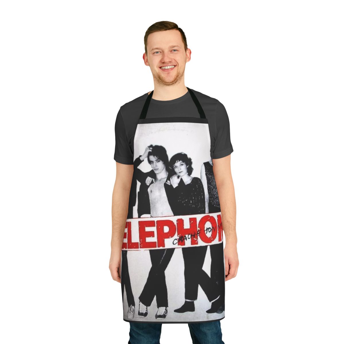 A stylish apron featuring the iconic telephone logo of the famous French rock band.