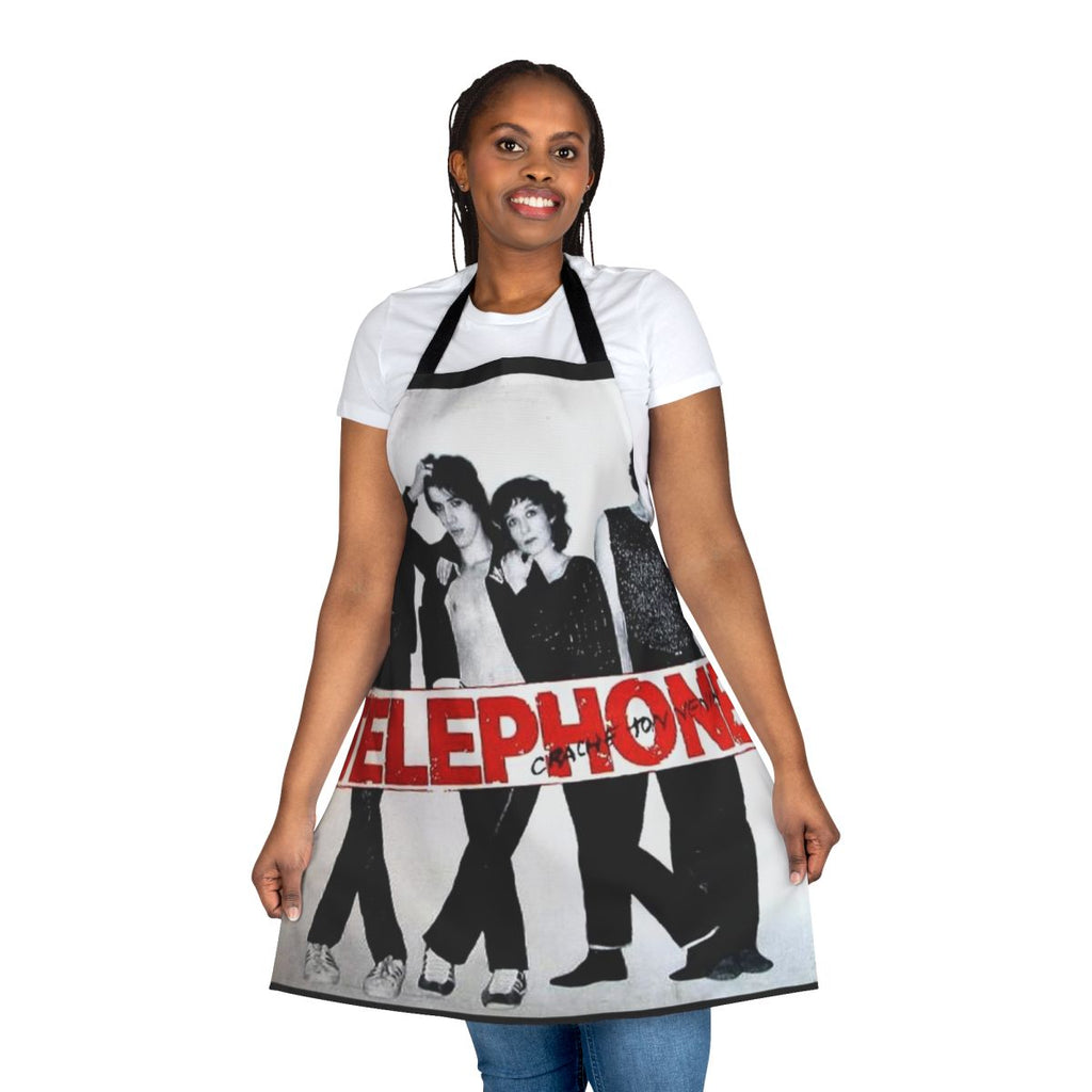A stylish apron featuring the iconic telephone logo of the famous French rock band.