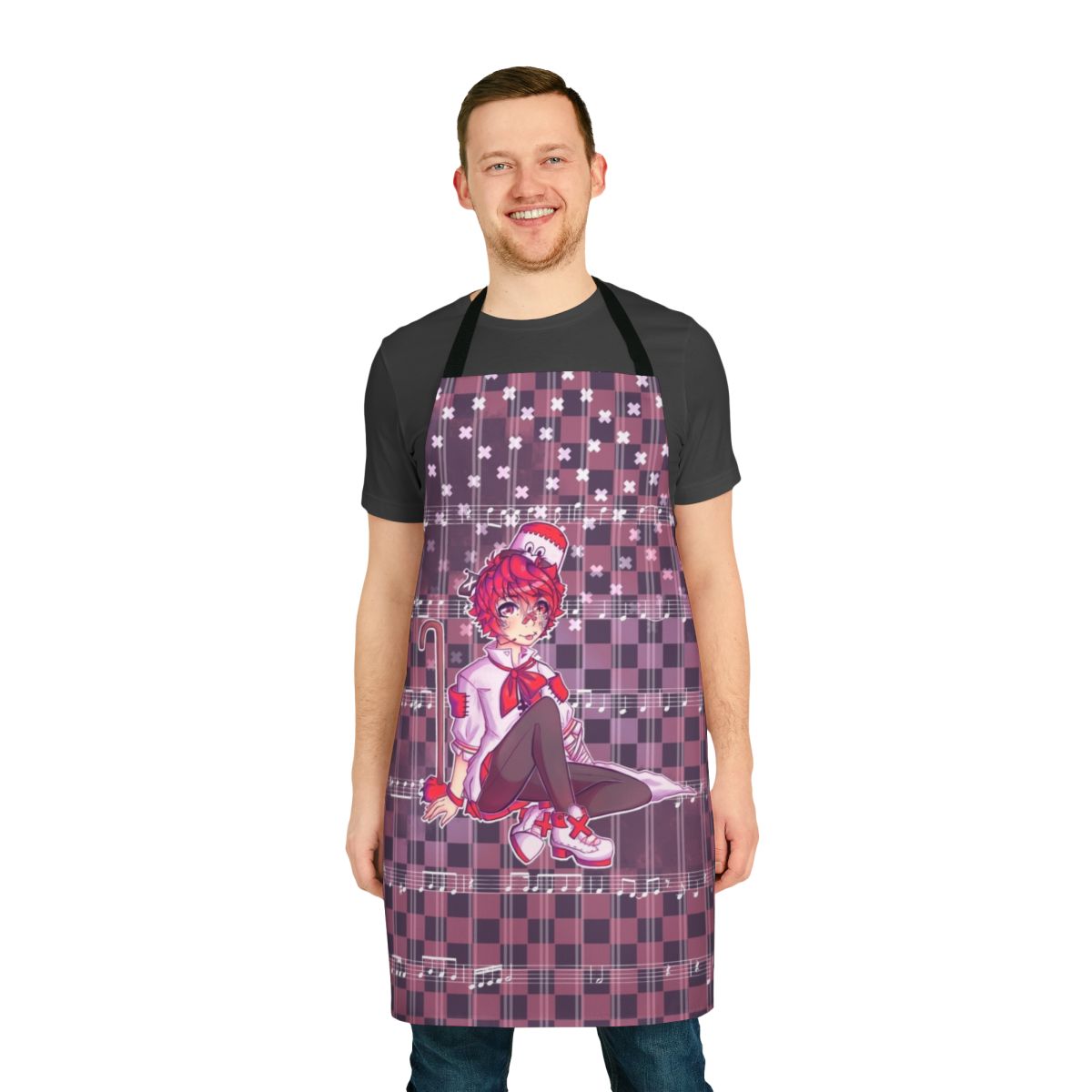 Fukase-themed apron with purple color and music notes design
