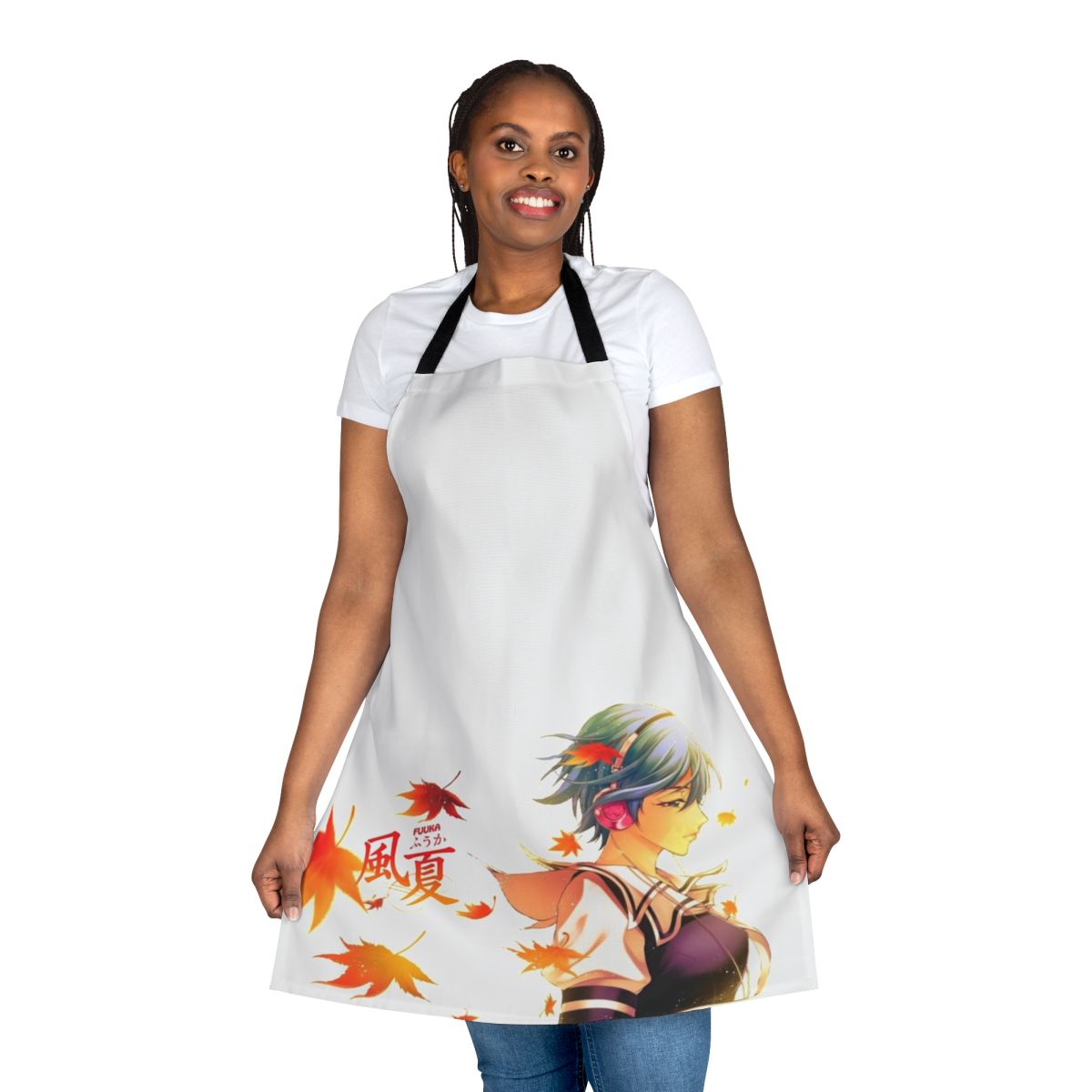 Fuuka anime-inspired apron with autumn leaves and music notes design