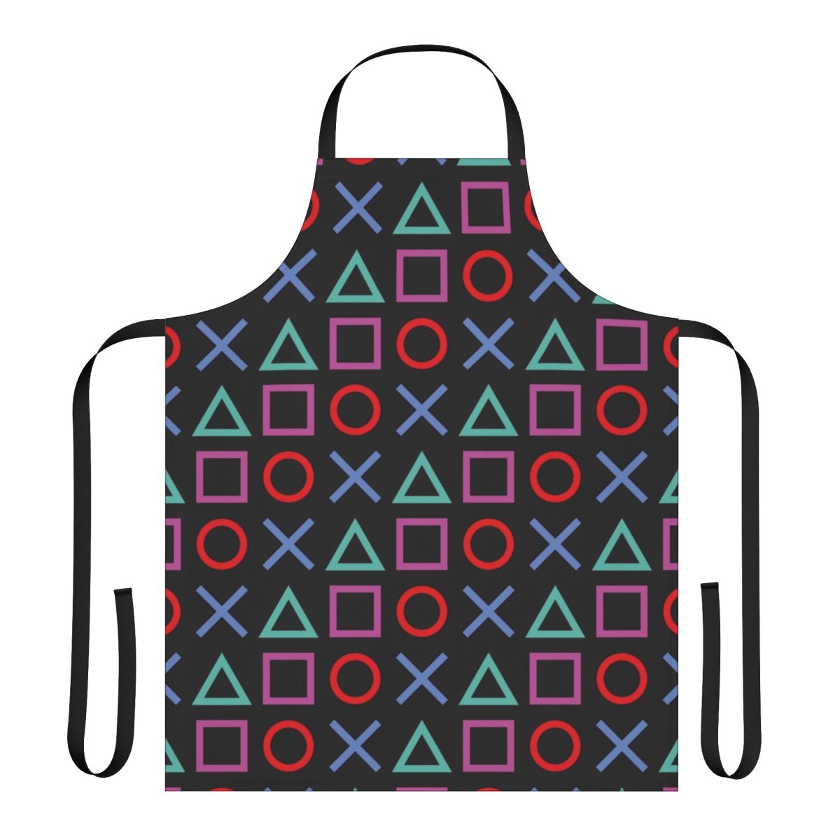 Sleek black apron with a gamer-inspired pattern, perfect for cooking or crafting while gaming.