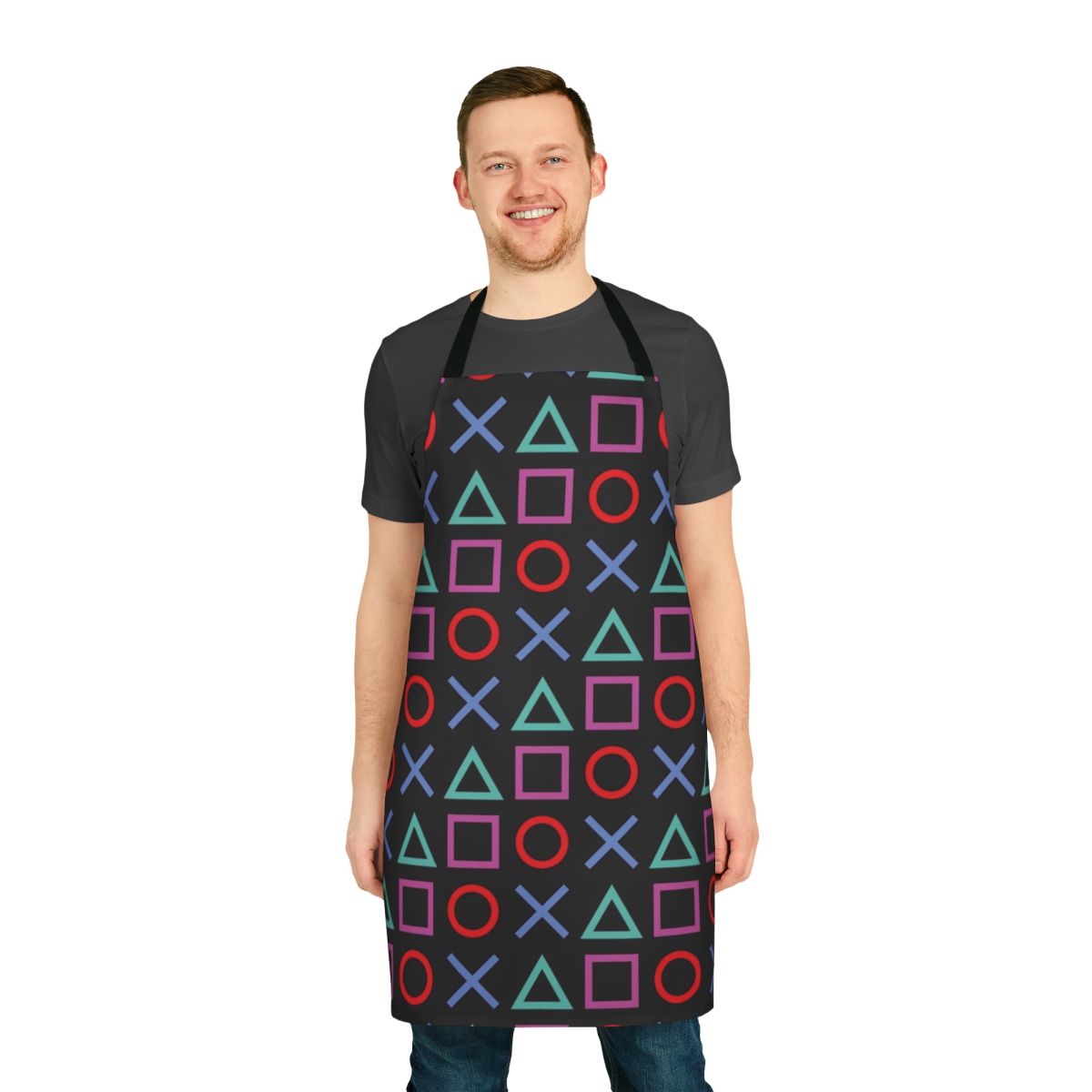 Sleek black apron with a gamer-inspired pattern, perfect for cooking or crafting while gaming.