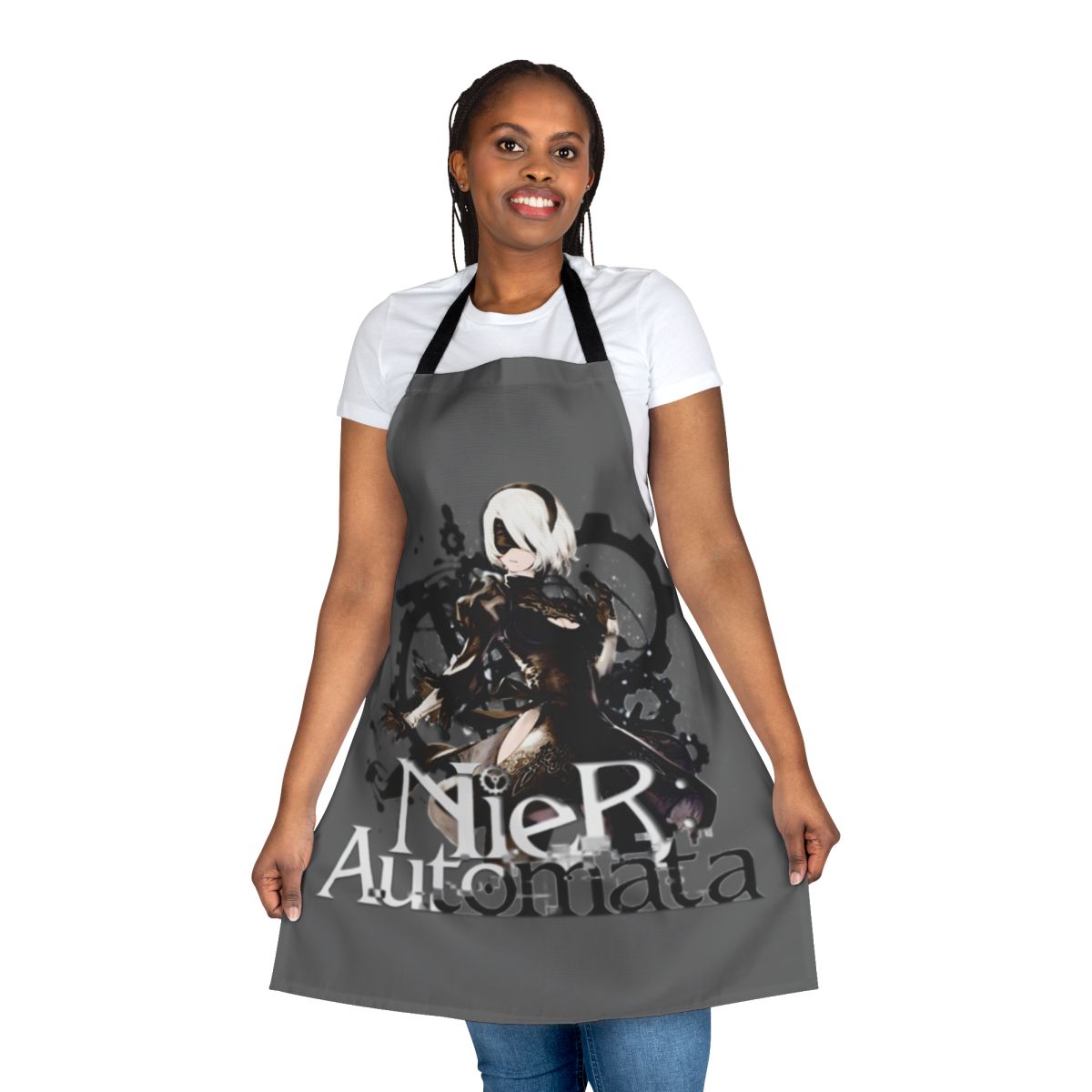 Nier-inspired apron with character patterns and designs for gamers and anime enthusiasts