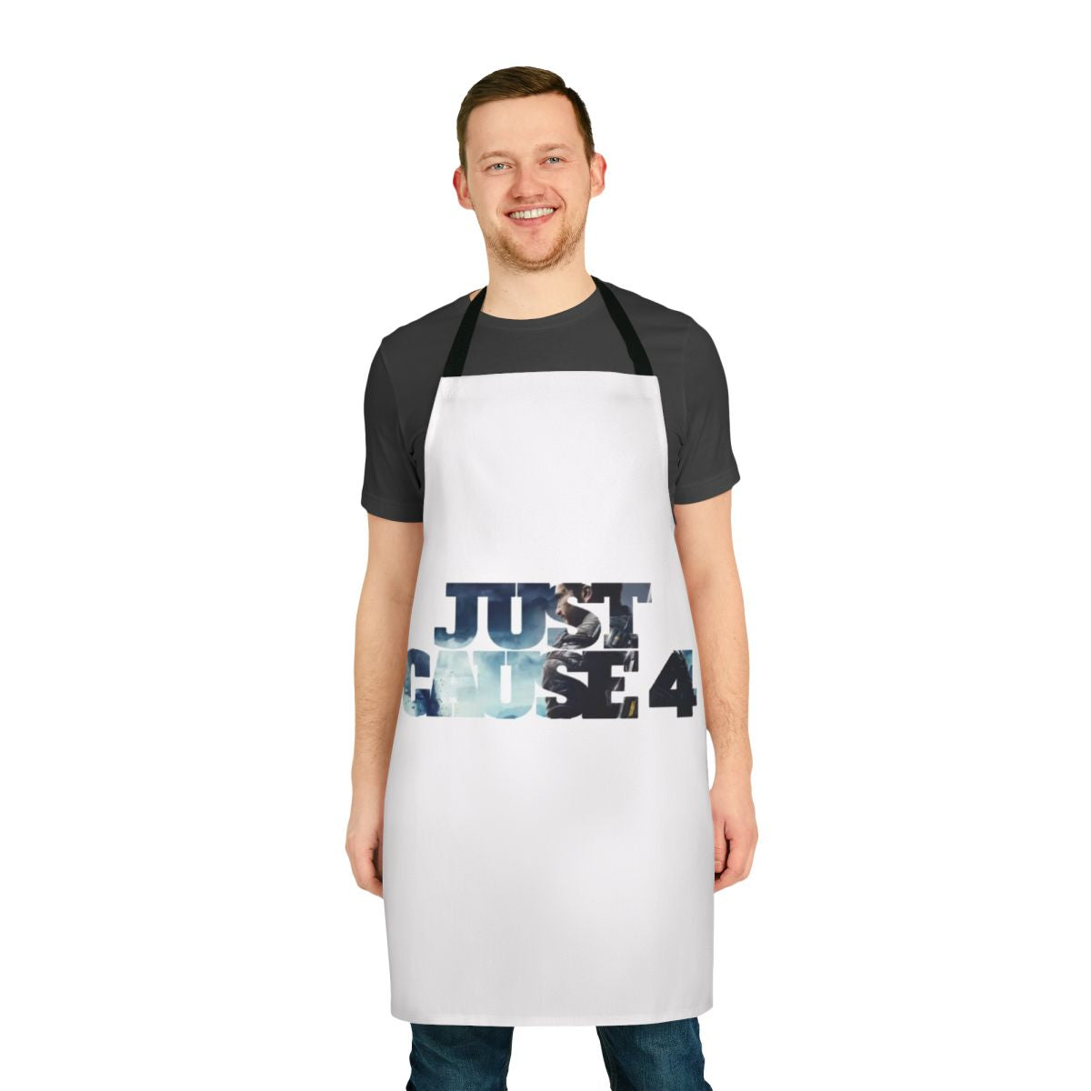 Stylish gaming apron featuring a "Just Be Cause 4" inspired design