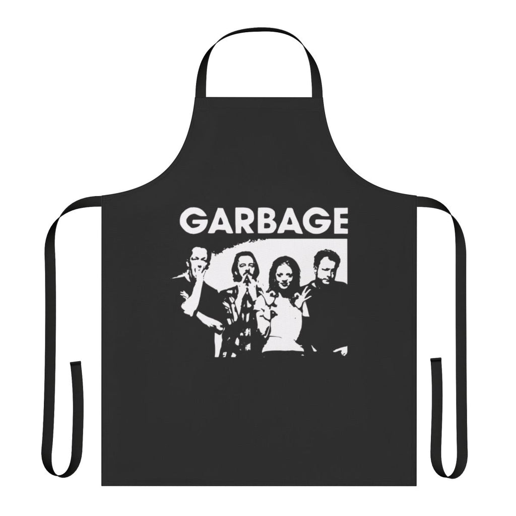 Apron with Garbage band logo and music-themed graphics