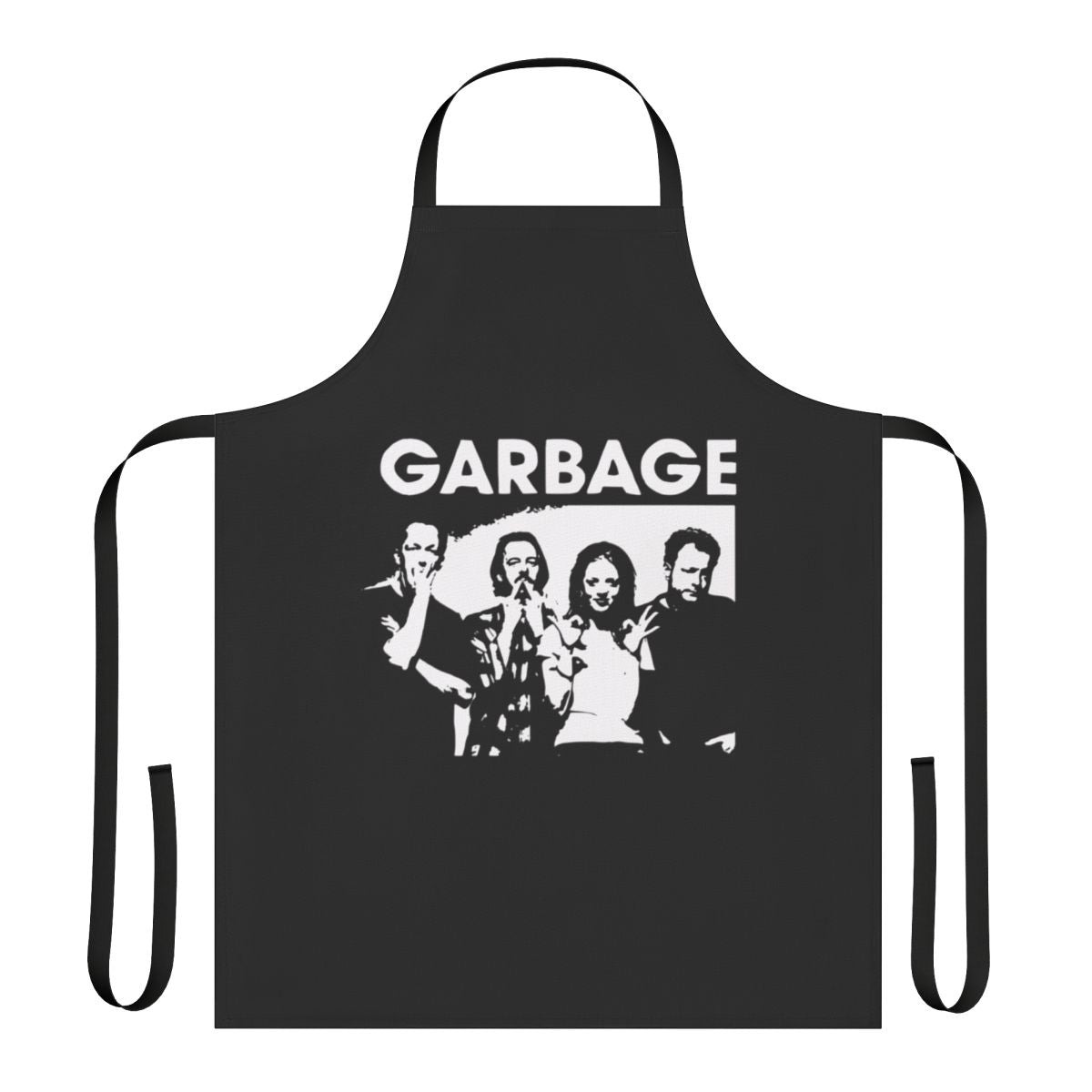 Apron with Garbage band logo and music-themed graphics