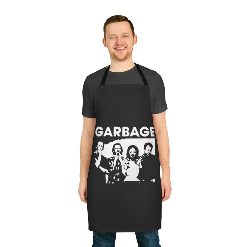 Apron with Garbage band logo and music-themed graphics