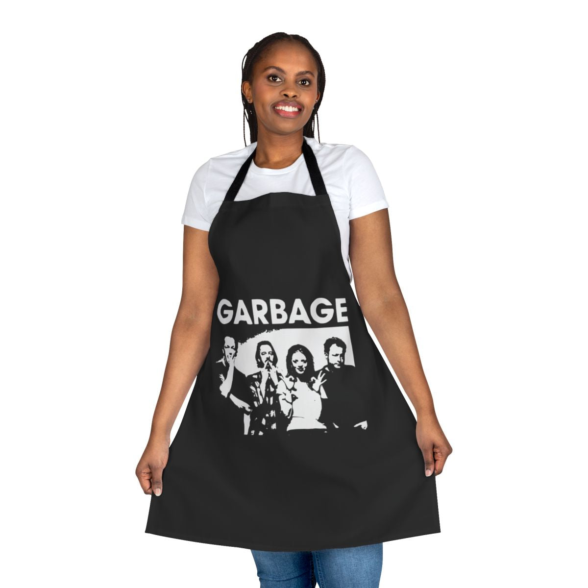 Apron with Garbage band logo and music-themed graphics