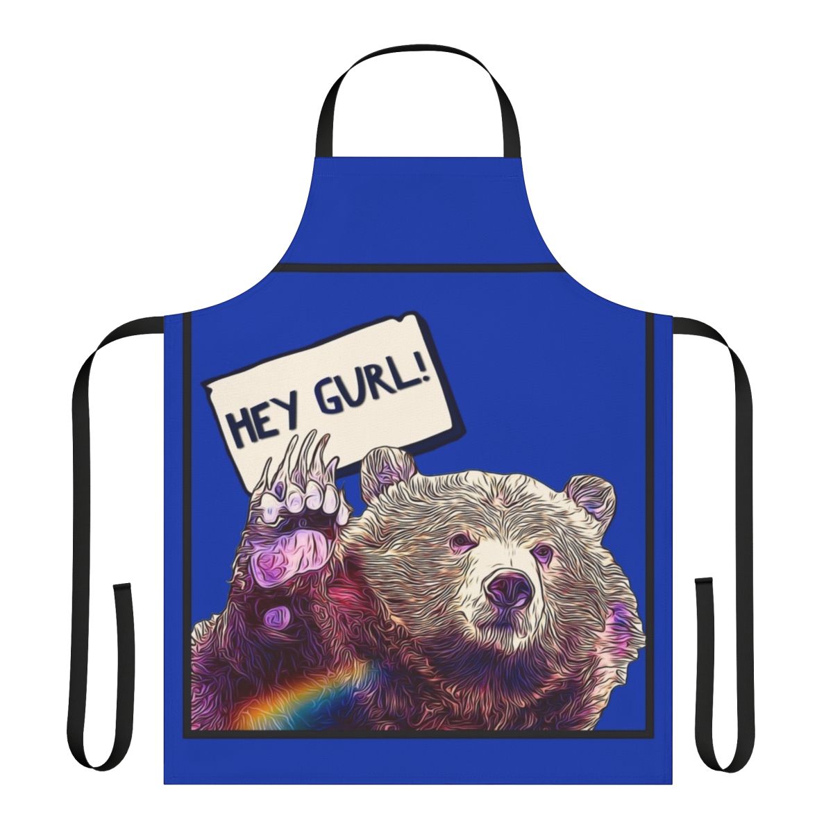 Colorful apron with "Hey Gurl" text, celebrating LGBTQ+ pride and bear style.