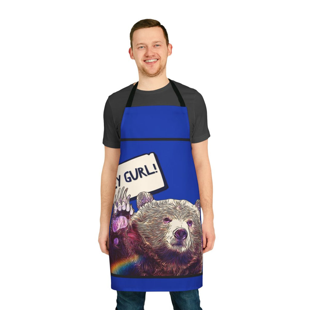 Colorful apron with "Hey Gurl" text, celebrating LGBTQ+ pride and bear style.